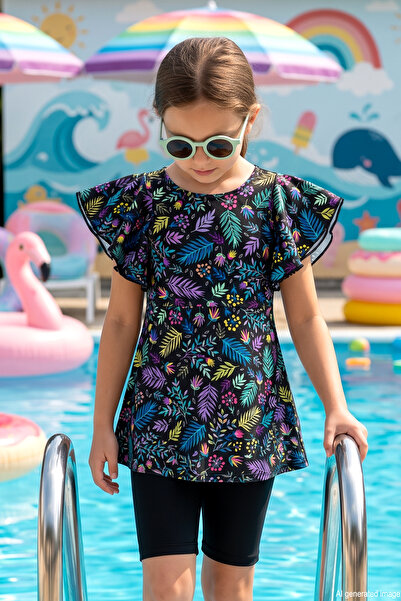 Haliç Mayo Costum de baie pentru fete, în două piese, cu mâneci și detaliu vo...