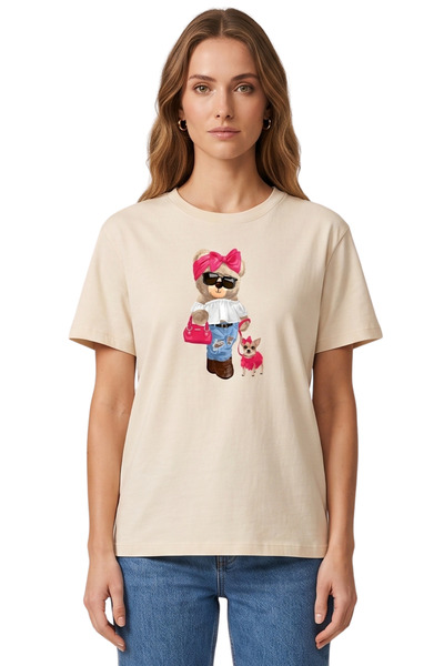 DK DAKSEL Women's Beige Bowknot Teddy Bear and Dog Printed T-Shirt 100% Cotto...