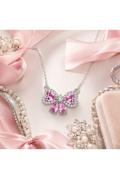 Rafal Distinctive Pink Bow Silver Necklace for Women - Large Bow Pendant with Pink Stones and Crystal Halo and Shiny White Centerpiece