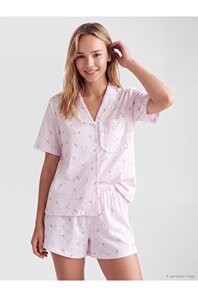 LC Waikiki Lcw Dream Ecru Ruffled Plaid Women's Shorts Pajama Set