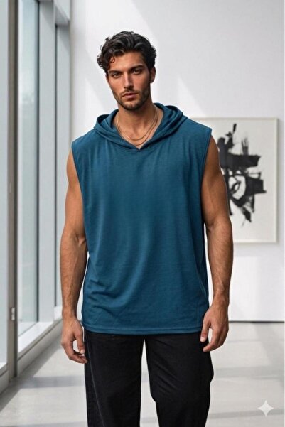 NO 601 Men's Petrol Blue Hooded Sleeveless Plain Undershirt