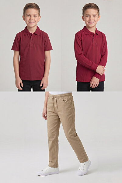 nacar çarşı Boys' School Burgundy Long and Short Sleeve Polo Collar T-Shirt B...
