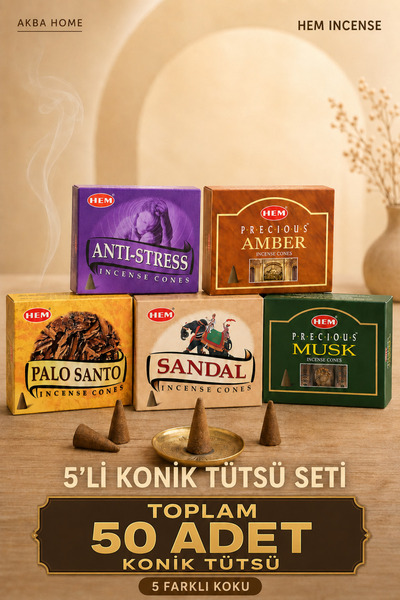 hem incence Orijinal 50 Adet Konik Tütsü Seti 5 Farklı Koku Amber Palo Santo ...