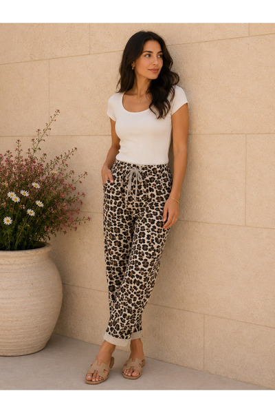 AGORATEKSTİL Women's Original Italian Full-Ligral Leopard Patterned Trousers ...