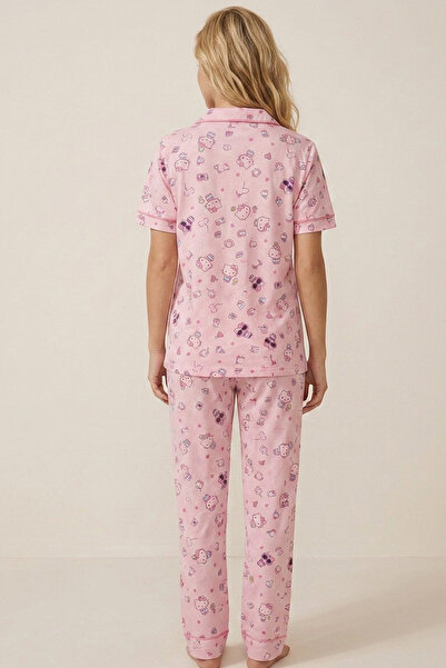 Siyah İnci Hello Kitty Lisanslı %100 Pamuk Pembe Çok Renkli Düğmeli Biyeli Pijama Takım 26120451