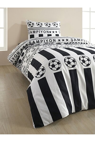 Siyah Beyaz Futbol Nevresim Takımı Tek Kişilik - Top Şampiyon Desenli Çocuk
