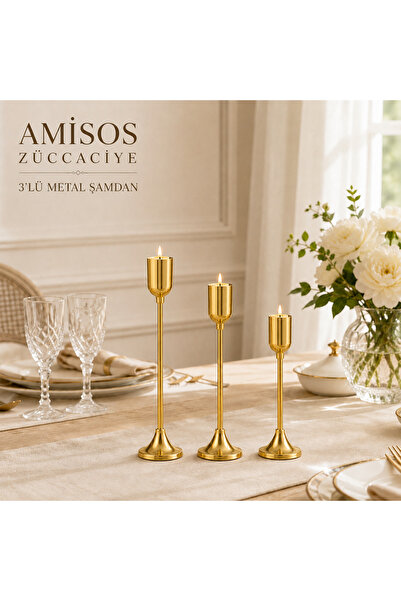 AC AMİSOS Amisos 3’lü Dekoratif Metal Şamdan Seti Dekoratif Mumluk Gold Gümüş...