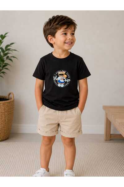 Erkek Çocuk Ayı Baskılı Kısa Kollu T-shirt