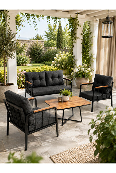 todeka Siena Bahçe Balkon Oturma Grubu - 2+1+1 Takım + Sehpa - Siyah Metal İs...