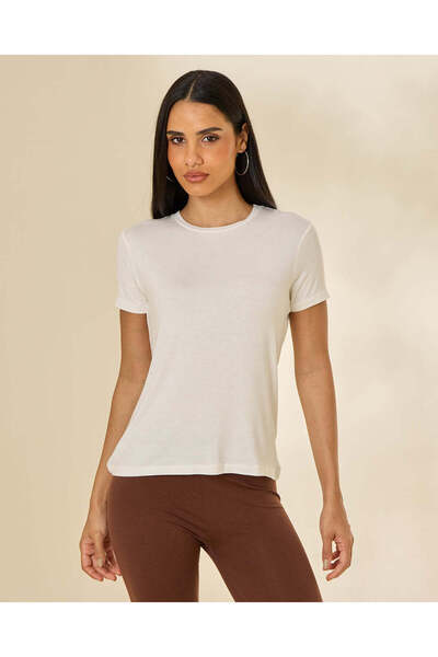 REDTAG Women Ivory Viscose Crew Neck T-Shirt
