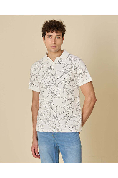 REDTAG Men Ivory Leaf Print Polo T Shirt