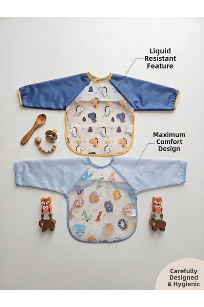 Retro Women Long Sleeve Waterproof Baby Bib with Baby Boy Figure