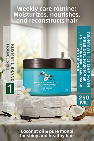 Yves Rocher قناع الشعر مونوي 3 في 1 مرطب ومغذي للشعر الجاف 250 مل