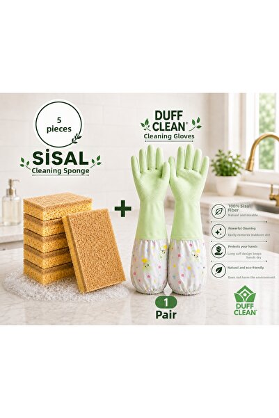 DUFF CLEAN Eco 5-Piece Sisal Sponge + 1 Pair of Dishwashing Gloves Set