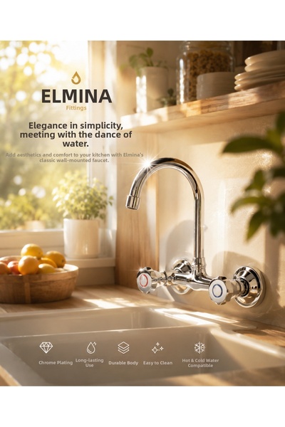 ELMİNA ARMATUR Classic Chrome Sink Faucet Wall Mounted Kitchen Tap Classic Ba...