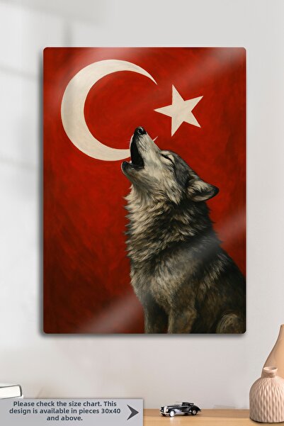 DekorHane Metal Print - Howling Wolf, Turkish Flag Themed, Turkish Orange Dec...