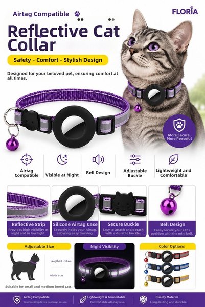 Floria Reflective Airtag Cat Collar - Safety Buckle Collar with Bell