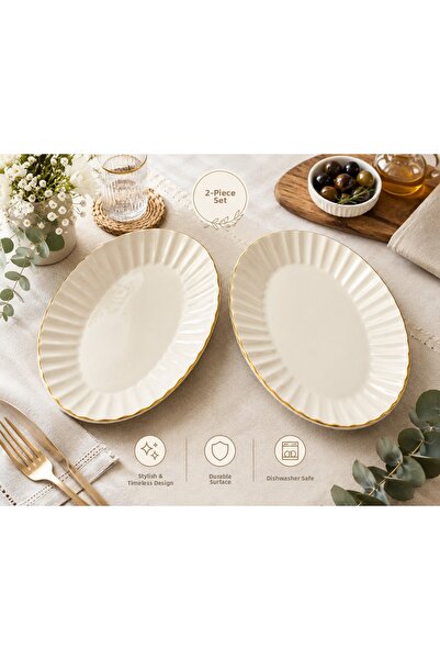 kasımoğulları concept Set of 2 Gold Detailed Porcelain Serving Plates 25 cm |...