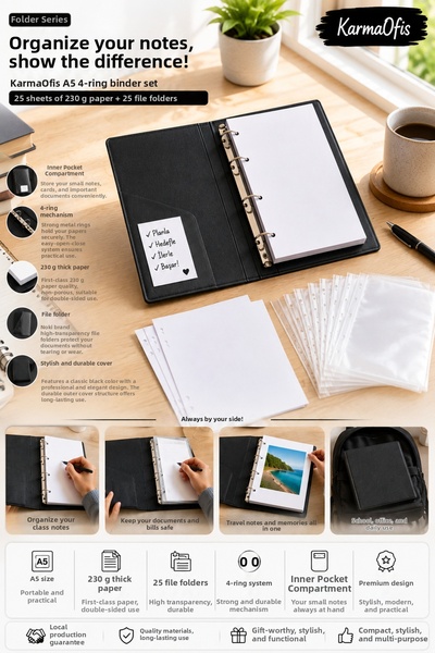 KarmaOfis A5 Black 4-Ring Folder Set |   25 Pieces of 230 Gr Thick Paper + 25...