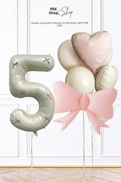 PEKSHOP Pink Bow Ribbon Decorated 5 Year Old Balloon Bow Theme Birthday Ballo...
