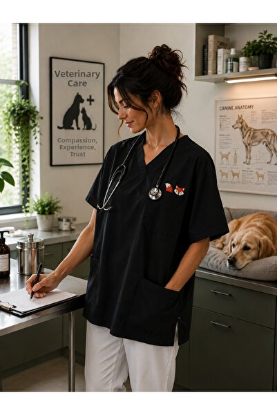 mirach Women's Premium Scrubs Uniform Cute Fox Embroidered Luxury Clinical Un...