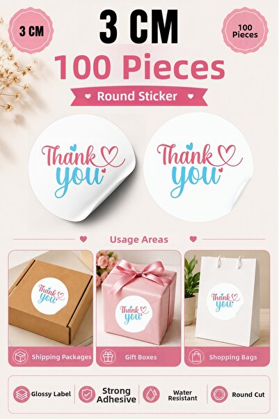qoeuyl boutique Thank You Pink Blue Heart Printed 3 cm Round 100 Pieces Stick...