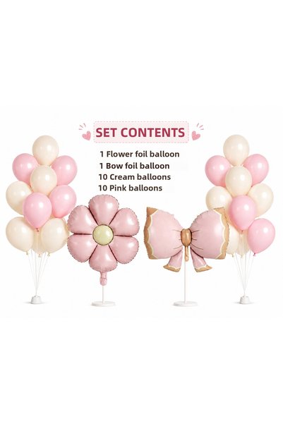 Dizayn Parti Evi Flower and Bow Foil Balloon Set |   Pink Cream Birthday Ball...