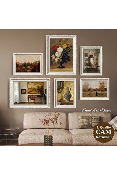 Sanart Set de picturi în ulei înrămate vintage, set de picturi înrămate din 6...