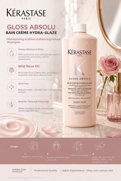 Kerastase Kérastase Gloss Absolu Bain Crème Hydra-Glaze Shampoo 1000 ml – Anti-Frizz Shine-Enhancing Moisturizing Shampoo