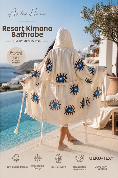 Asilex Home Collection Halat de baie tip kimono din muselină cu glugă, de lux...