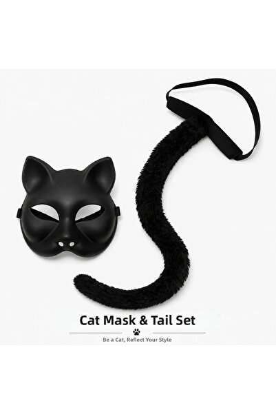 magicool Black Cat Mask and Plush Tail Costume Set 70 cm