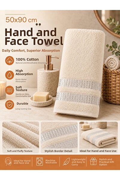 nnevora Ecru 50X90 cm Hand and Face Towel 100% Cotton Soft Textured High Abso...