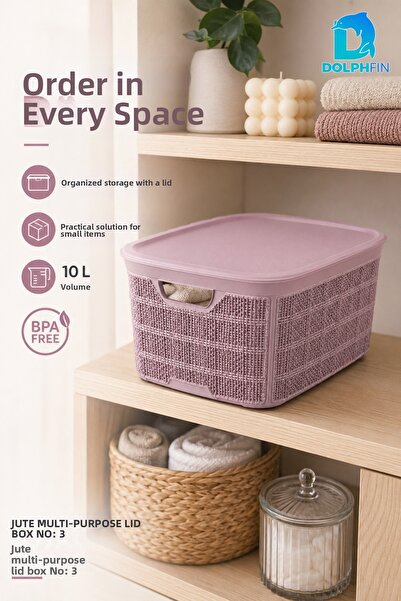 DolphFin Jute Lid Storage Box 10 L Plastic Kitchen Pantry Cabinet Organizer 3...