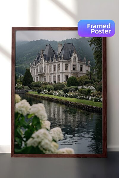 Postifull Castle and River Landscape Poster, Brown Framed Poster, Old Money S...