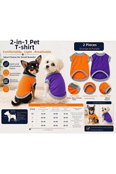 VitaMood Yaşam 2 Pieces of Small Breed Dog T-Shirts – Orange & Purple Mesh Fa...