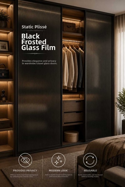 Deconitte Static Pleated Look Black Frosted Glass Film Non-Adhesive Window Glass Covering Foil Pvc 60Cmx100Cm