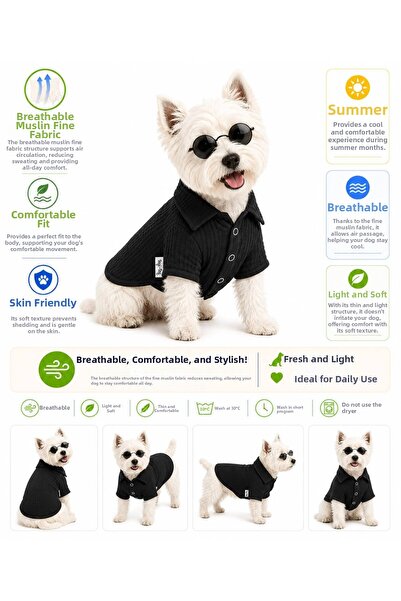 DOGİ&DOG Small Breed Black Muslin Dog Outfit Dog Shirt Cat Outfit (1-10kg)