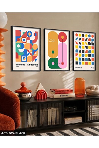 Evinemoda Colorful Modern Bauhaus 3 Piece Wooden Framed Painting Act