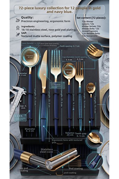 RİVO HOME DECOR 72 Pieces 12 Person Luxury Gold Cutlery Set 18/10 Stainless S...