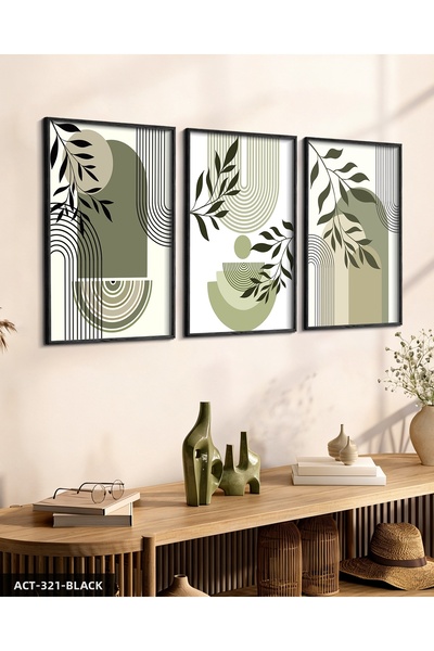 Evinemoda Minimalist Boho Style Plants 3 Piece Wooden Framed Painting