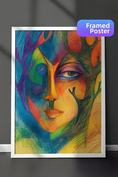 Zestia Pictură murală modernă în stil cubist, cu ramă albă, față colorată cu ...