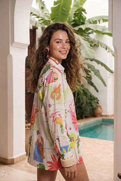 Trendyol Collection Tropical Patterned Woven Midi Regular 100% Cotton Beach S...