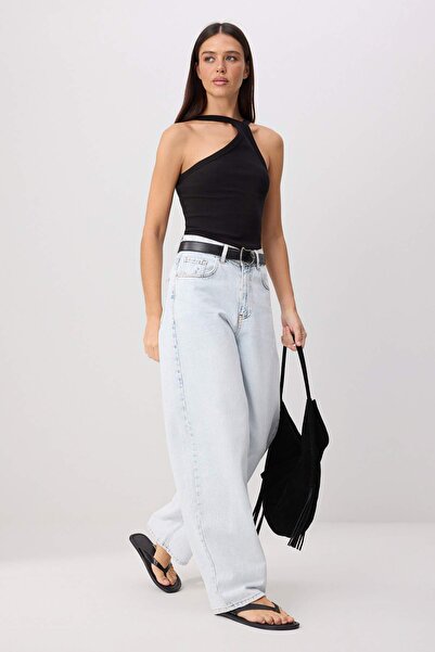 Trendyol Collection Blue High Waist Barrel 100% Cotton Non-Stretch Jeans Twos...