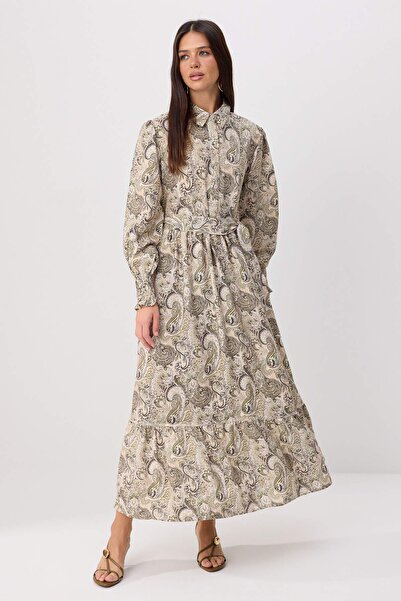 Trendyol Modest Light Khaki Silky Fabric Shawl Patterned Hijab Dress Tctss26E...