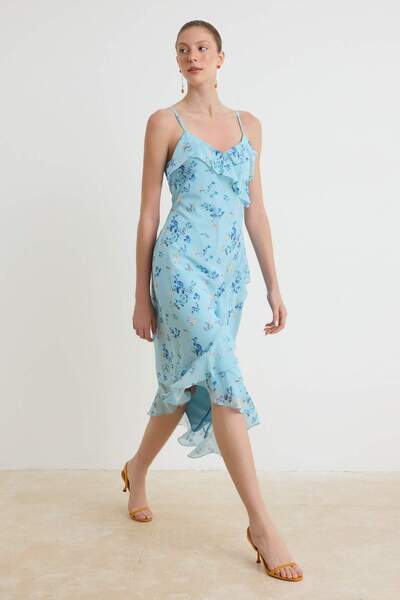 Trendyol Collection Rochie maxi țesătură albastră cu volan, în linie A, din ș...