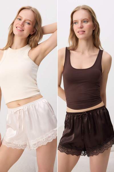 Trendyol Collection بيجامة ساتان مسطحة منسوجة 100% من الساتان باللون البني ال...