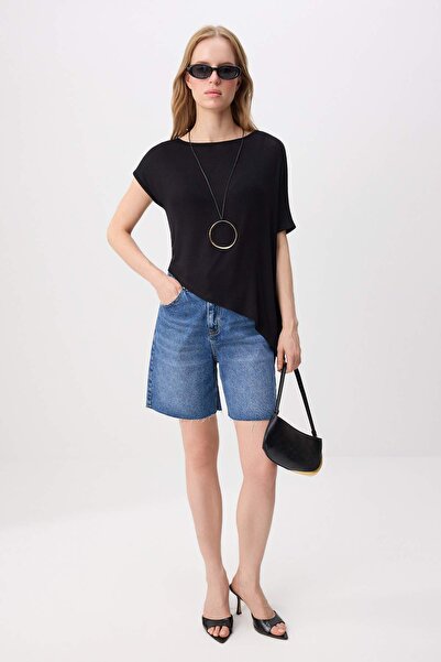 Trendyol Collection Black Asymmetrical Boat Neck Bat Sleeve Sleeveless Soft K...