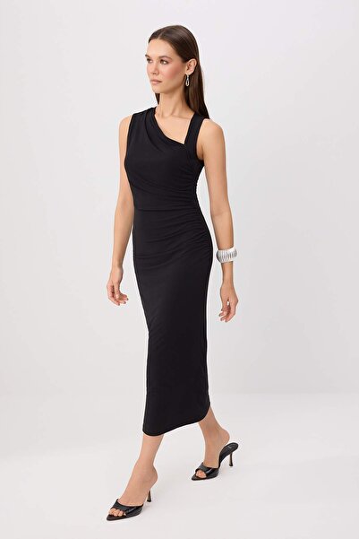 Συλλογή Trendyol Μαύρο Bodycon Ασύμμετρο Γιακά Αμάνικο Πλεκτό Φόρεμα με Σούρε...