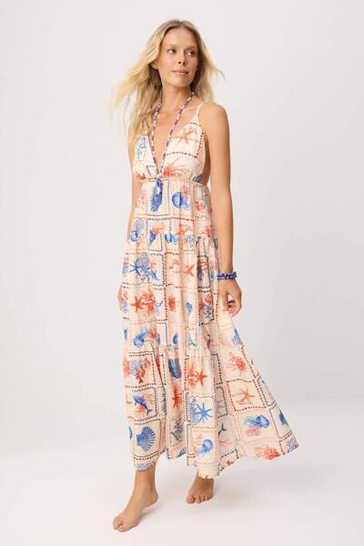 Trendyol Collection Rochie de plajă țesută cu model subacvatic și detaliu de ...