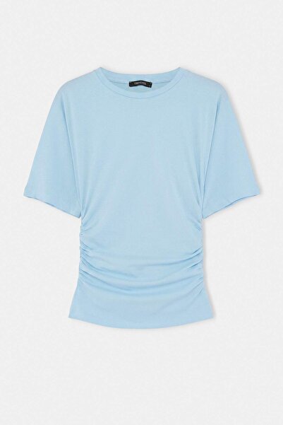 Trendyol Collection Light Blue Knitted Fitted Crew Neck Short Gathered Cotton...